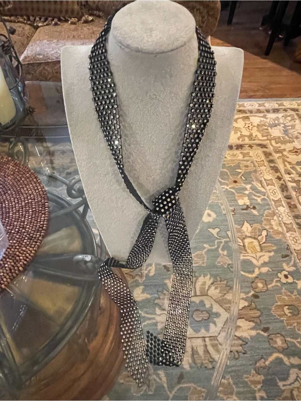 Two pieces! Black Crystal Lariat Necklace and rhinestone necktie necklace.